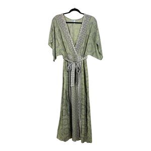 Nostalgia Plunge VNeck Belted Maxi Dress Size Small Green Side Slits Boho Hippie